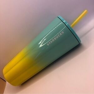 Starbucks ⭐️ Metal Ombre Yellow Teal Blue 8” Tumbler w/ Straw, Excellent Cond.!